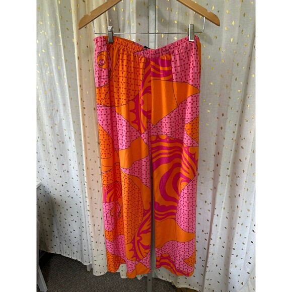 Manuhealii Hawaiian Geometric Pink Orange Elastic Waist Pull On Wide Leg Pants L - Picture 2 of 5